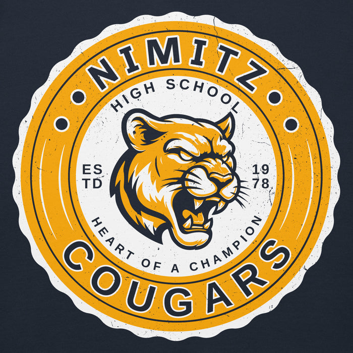 Close-up view of Nimitz High School Cougars Navy Blue Premium Unisex Hoodie 216