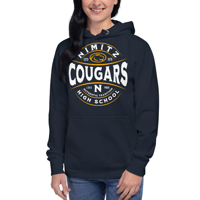 Woman wearing Nimitz High School Cougars Navy Blue Premium Unisex Hoodie 218