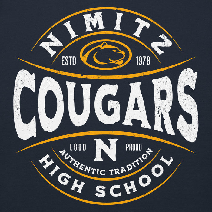 Close-up view of Nimitz High School Cougars Navy Blue Premium Unisex Hoodie 218