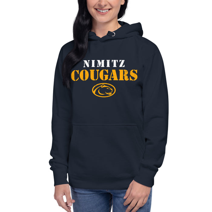 WOman wearing Nimitz High School Cougars Navy Blue Premium Unisex Hoodie 222