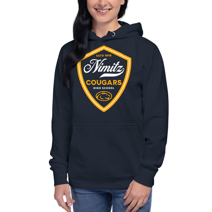 Woman wearing Nimitz High School Cougars Navy Blue Premium Unisex Hoodie 225