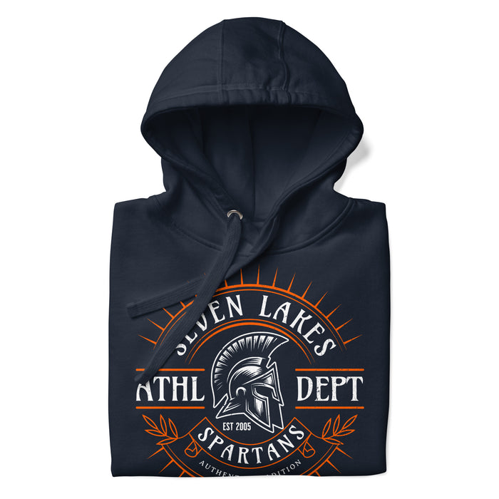 Neatly folded view of Seven Lakes High School Spartans Navy Premium Unisex Hoodie 201