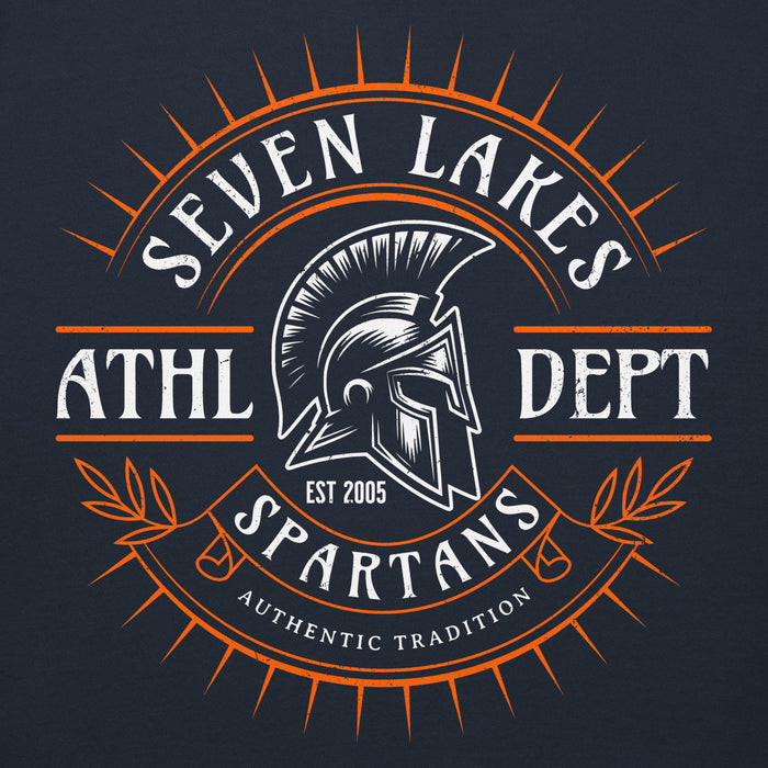 Close-up view of Seven Lakes High School Spartans Navy Premium Unisex Hoodie 201