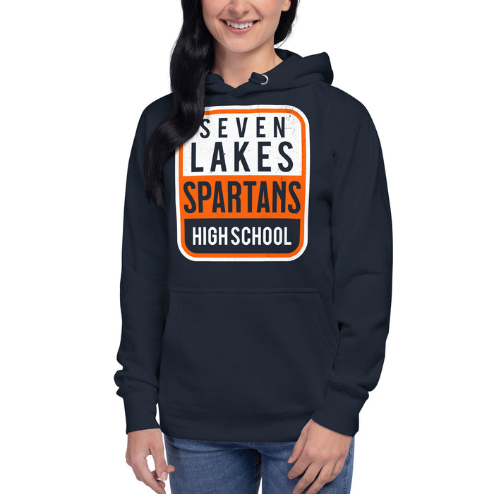 Woman wearing Seven Lakes High School Spartans Navy Premium Unisex Hoodie 001