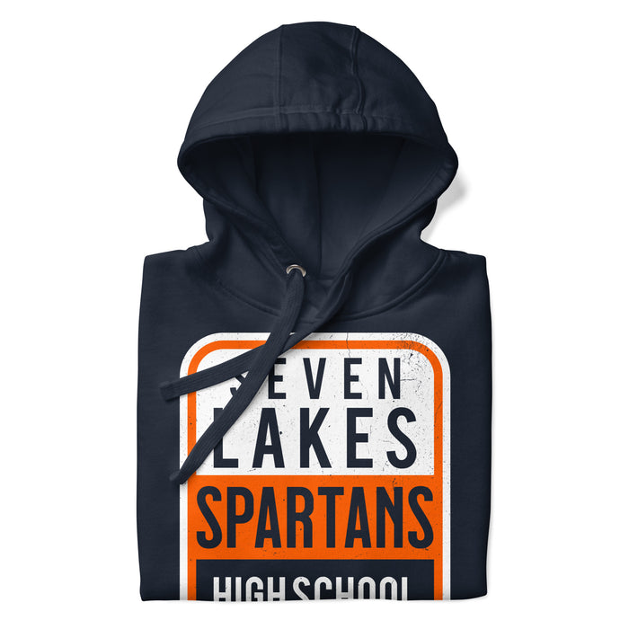 Neatly folded view of Seven Lakes High School Spartans Navy Premium Unisex Hoodie 001