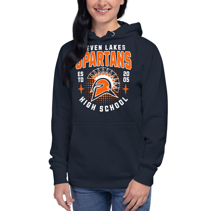 Woman wearing Seven Lakes High School Spartans Navy Premium Unisex Hoodie 204