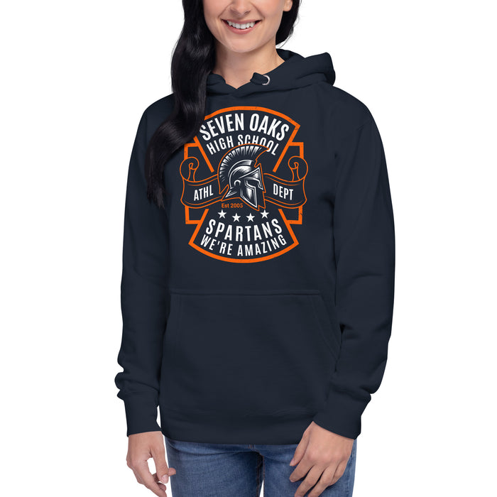 Woman wearing Seven Lakes High School Spartans Navy Premium Unisex Hoodie 207