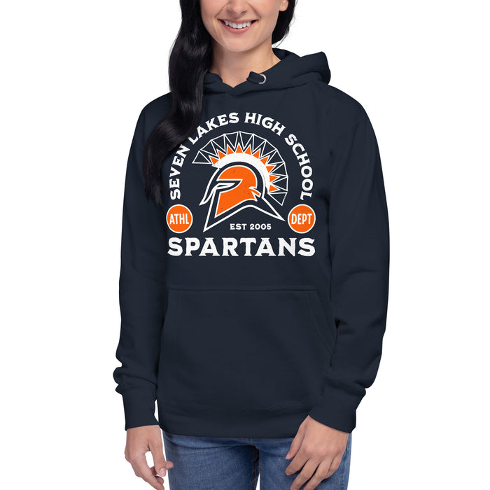 Woman wearing Seven Lakes High School Spartans Navy Premium Unisex Hoodie 208