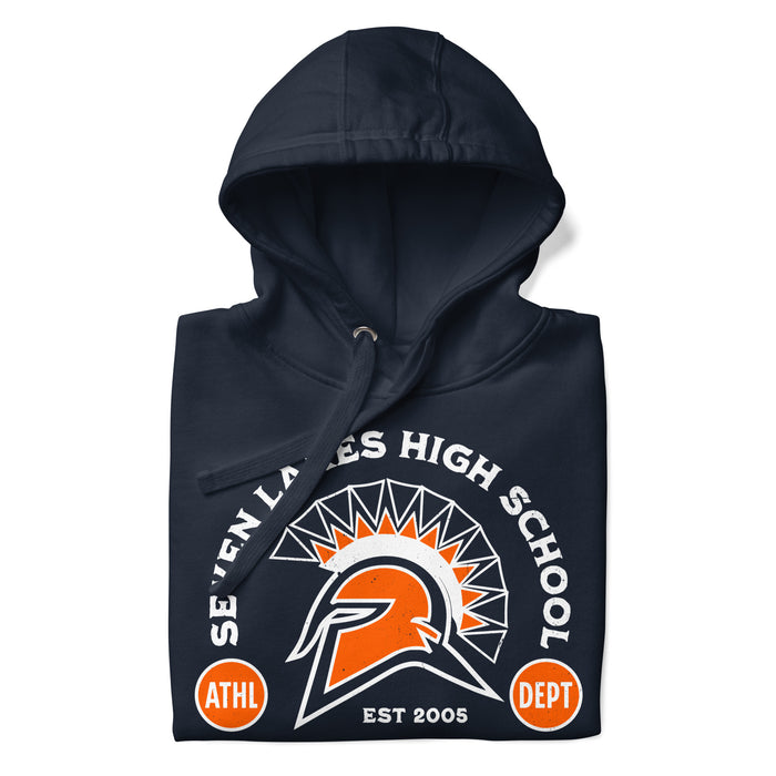 Neatly folded view of Seven Lakes High School Spartans Navy Premium Unisex Hoodie 208