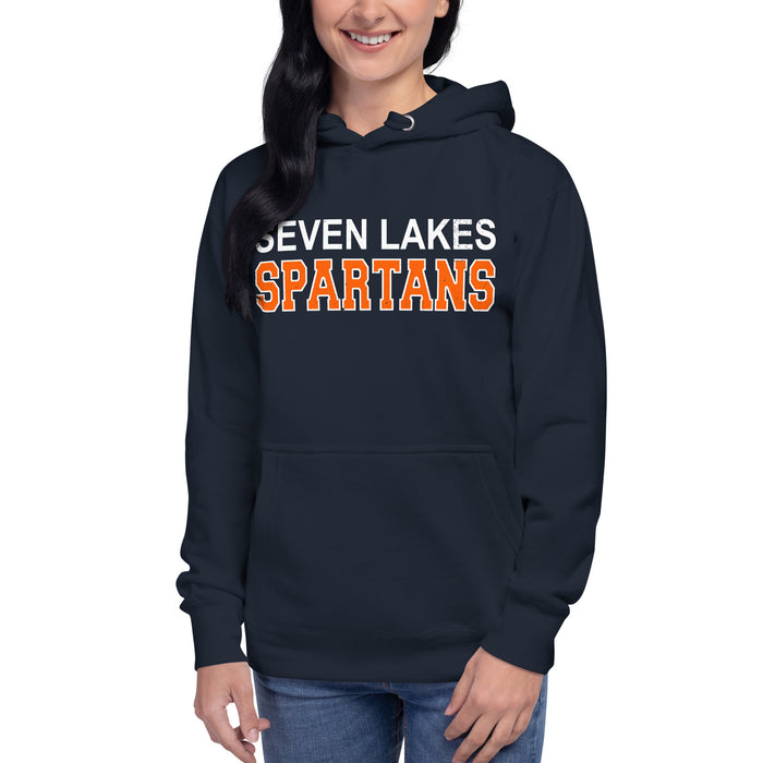 Woman wearing Seven Lakes High School Spartans Navy Premium Unisex Hoodie 010