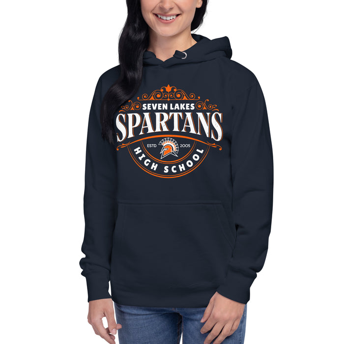 Woman wearing Seven Lakes High School Spartans Navy Premium Unisex Hoodie 211