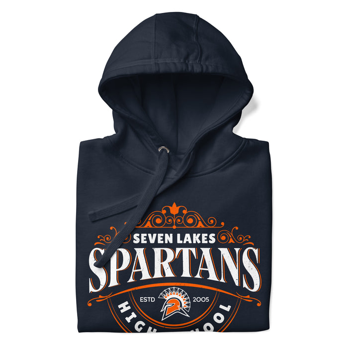 Neatly folded view of Seven Lakes High School Spartans Navy Premium Unisex Hoodie 211