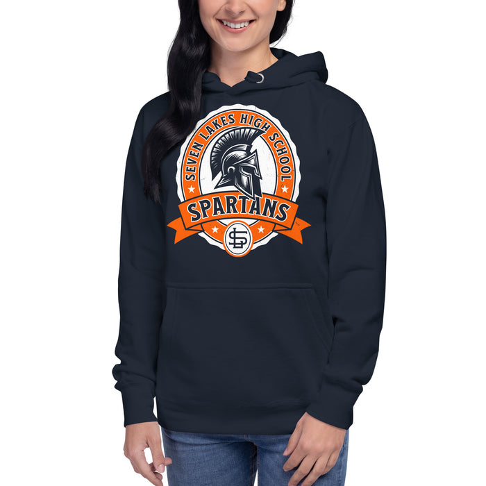 Woman wearing Seven Lakes High School Spartans Navy Premium Unisex Hoodie 212