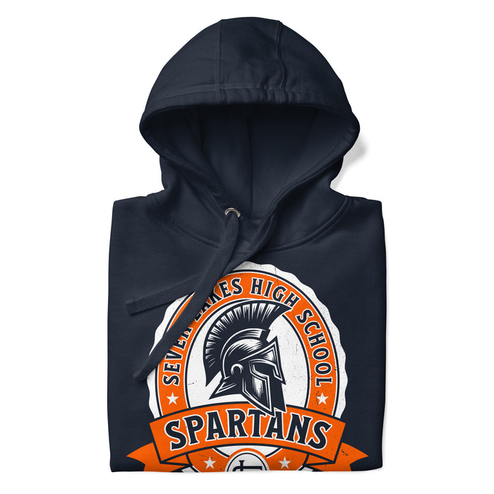 Neatly folded view of Seven Lakes High School Spartans Navy Premium Unisex Hoodie 212