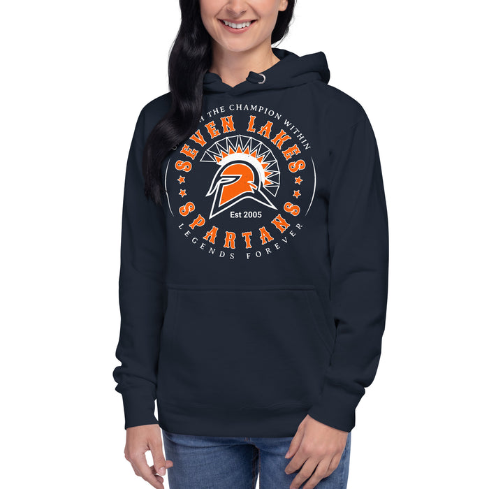 Woman wearing Seven Lakes High School Spartans Navy Premium Unisex Hoodie 214