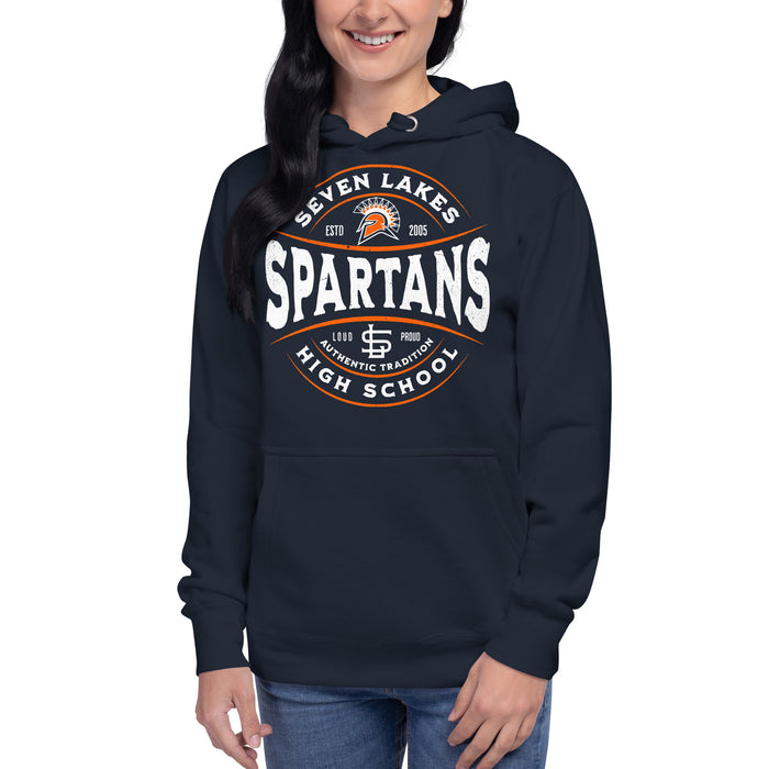 Woman wearing Seven Lakes High School Spartans Navy Premium Unisex Hoodie 218