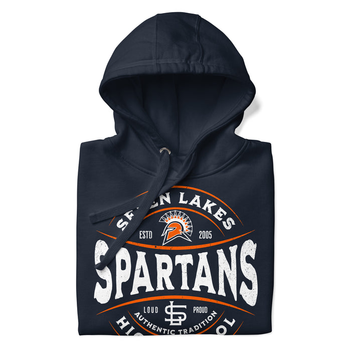 Neatly folded view of Seven Lakes High School Spartans Navy Premium Unisex Hoodie 218