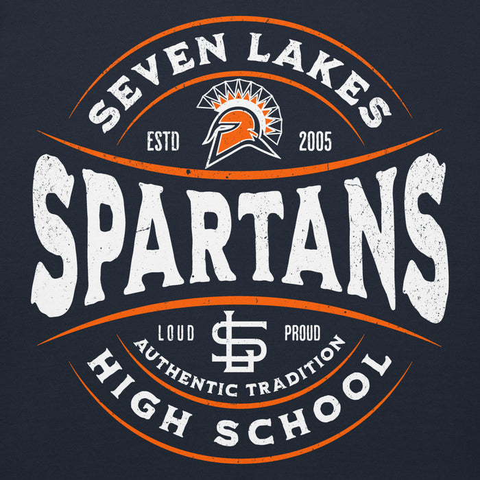 Close-up view of Seven Lakes High School Spartans Navy Premium Unisex Hoodie 218