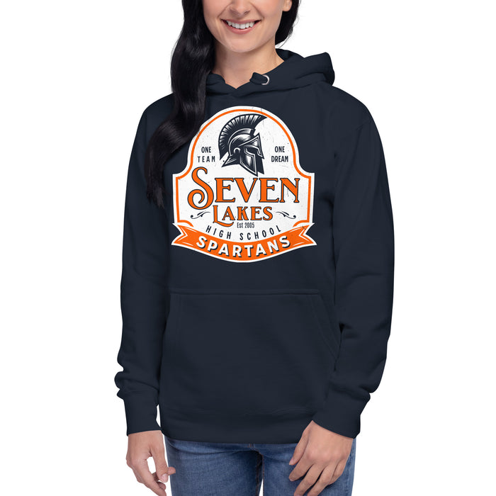 Woman wearing Seven Lakes High School Spartans Navy Premium Unisex Hoodie 219