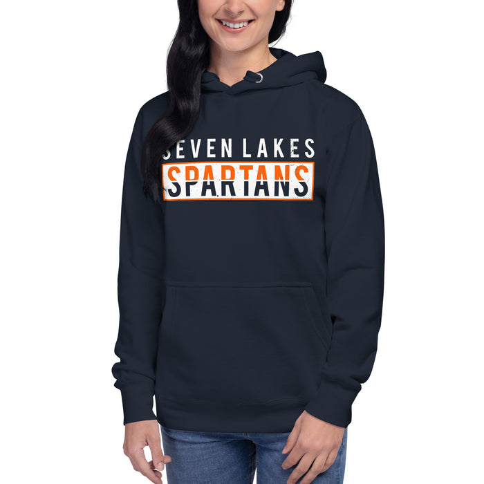 Woman wearing Seven Lakes High School Spartans Navy Premium Unisex Hoodie 031