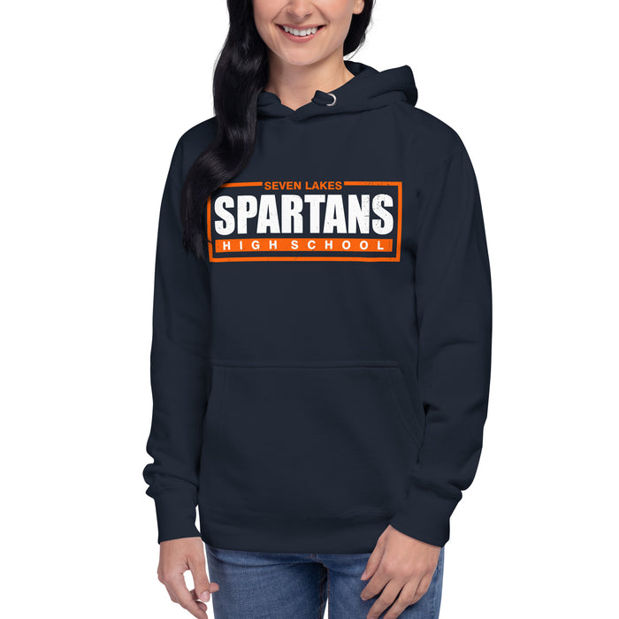 Woman wearing Seven Lakes High School Spartans Navy Premium Unisex Hoodie 049