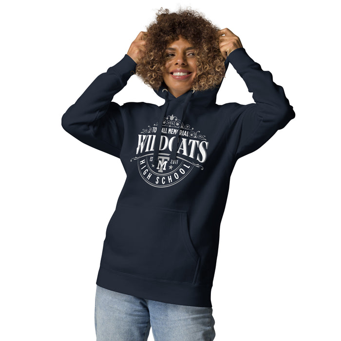 Woman wearing Tomball Memorial High School Wildcats Navy Premium Unisex Hoodie 211