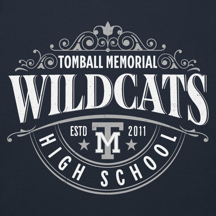 Close-up view of Tomball Memorial High School Wildcats Navy Premium Unisex Hoodie 211