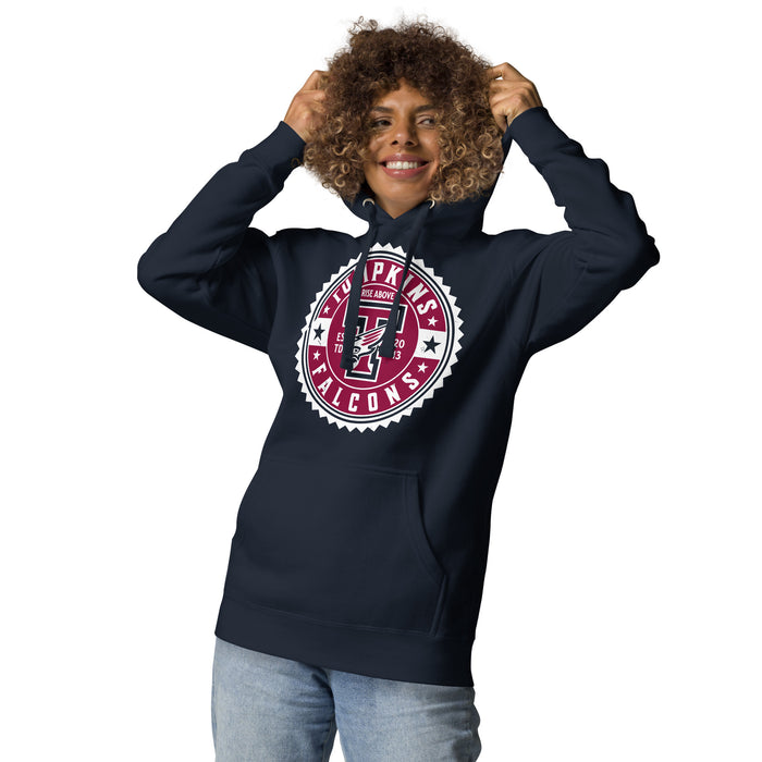 Woman wearing Tompkins High School Falcons Navy Premium Unisex Hoodie 203