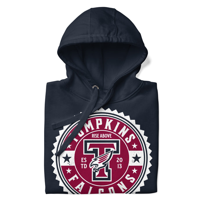 Neatly folded view of Tompkins High School Falcons Navy Premium Unisex Hoodie 203