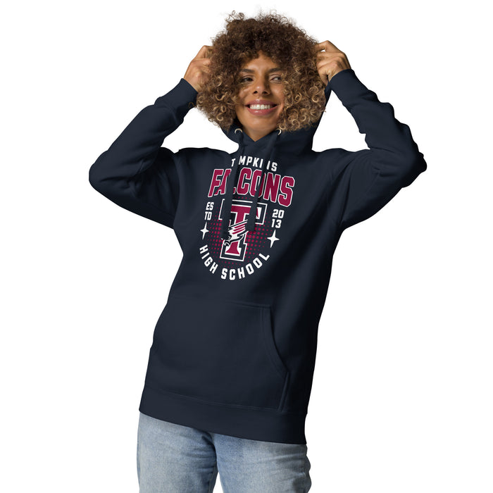 Woman wearing Tompkins High School Falcons Navy Premium Unisex Hoodie 204