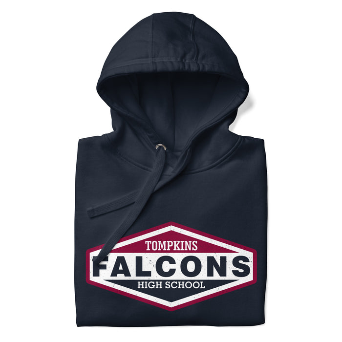 Neatly folded view of Tompkins High School Falcons Navy Premium Unisex Hoodie 009