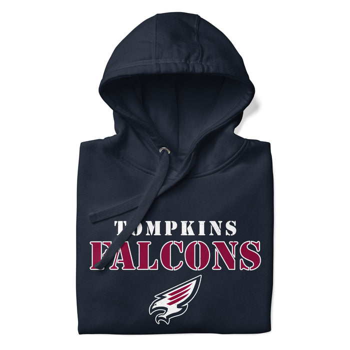 Neatly folded view of Tompkins High School Falcons Navy Premium Unisex Hoodie 222