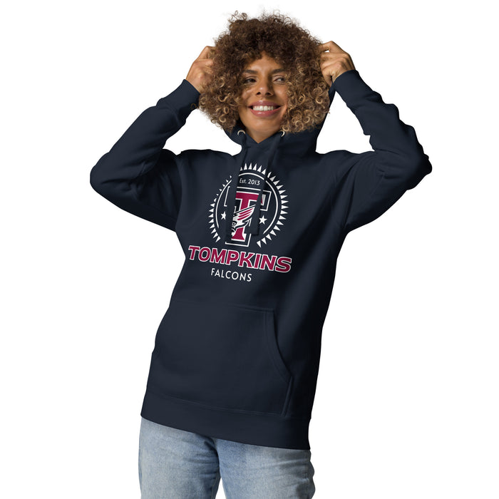 Woman wearing Tompkins High School Falcons Navy Premium Unisex Hoodie 226