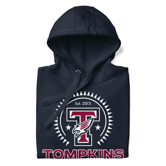 Neatly folded view of Tompkins High School Falcons Navy Premium Unisex Hoodie 226