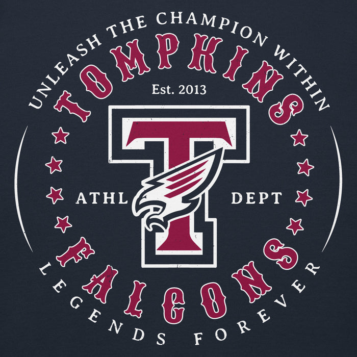 Close-up view of Tompkins High School Falcons Navy Premium Unisex Hoodie 214