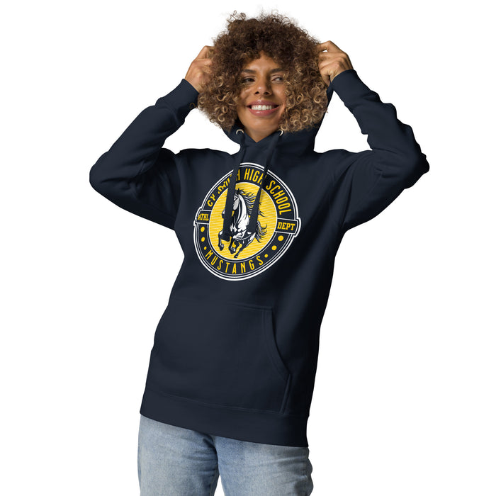 Woman wearing Cypress Ranch High School Mustangs Navy Premium Unisex Hoodie 224