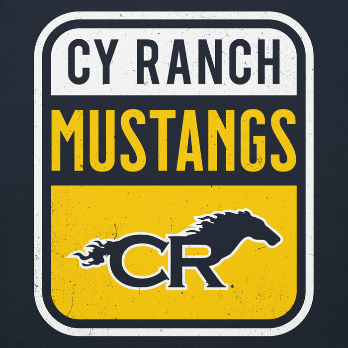 Close-up view of Cypress Ranch High School Mustangs Navy Premium Unisex Hoodie 001