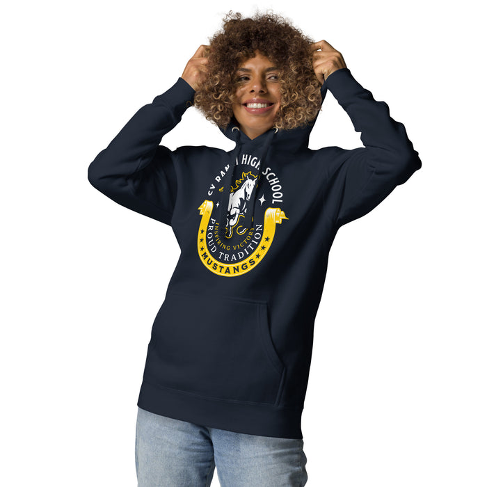 Woman wearing Cypress Ranch High School Mustangs Navy Premium Unisex Hoodie 229