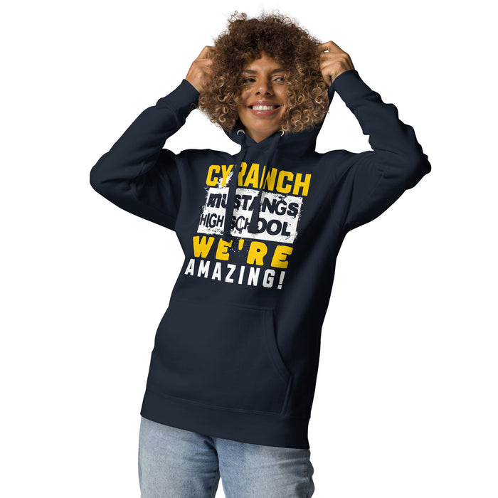 Woman wearing Cypress Ranch High School Mustangs Navy Premium Unisex Hoodie 231