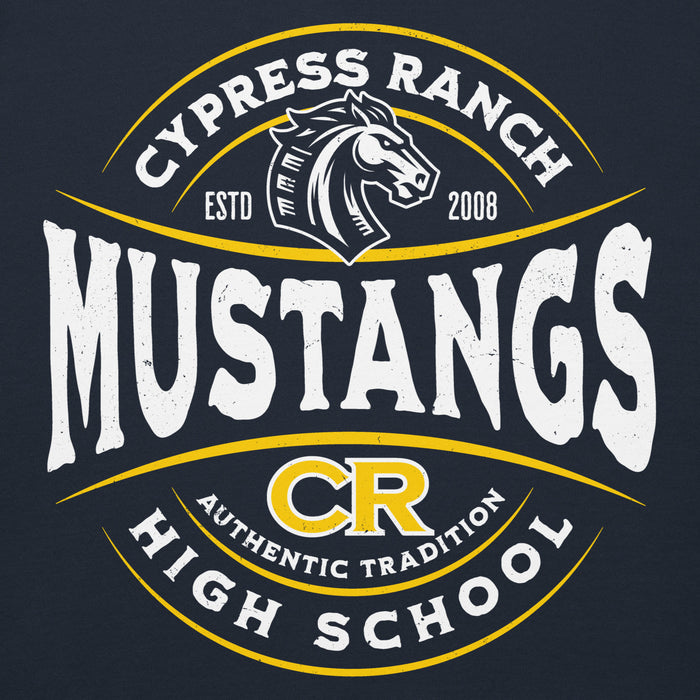 Close-up view of Cypress Ranch High School Mustangs Navy Premium Unisex Hoodie 218