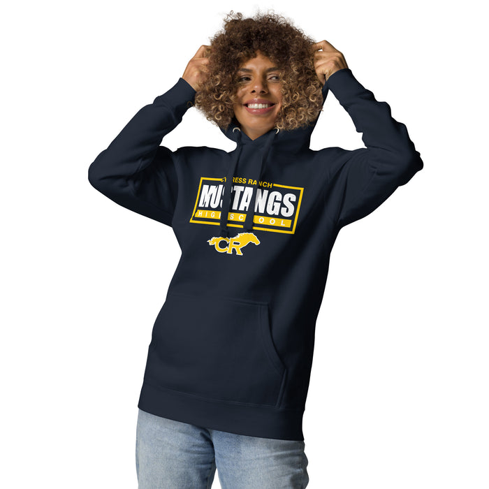 Woman wearing Cypress Ranch High School Mustangs Navy Premium Unisex Hoodie 049