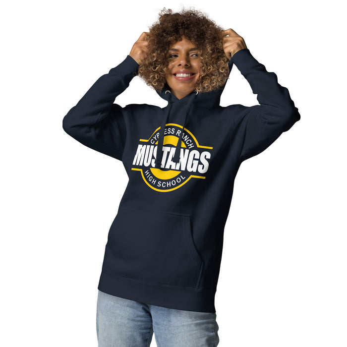 Woman wearing Cypress Ranch High School Mustangs Navy Premium Unisex Hoodie 011