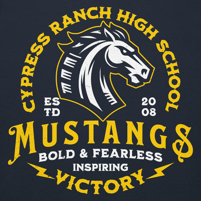 Close-up view of Cypress Ranch High School Mustangs Navy Premium Unisex Hoodie 206