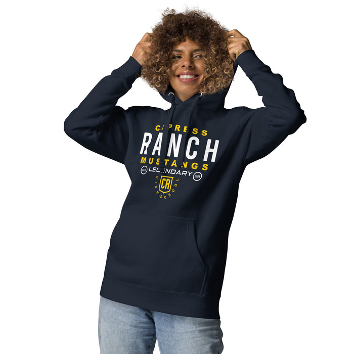 Woman wearing Cypress Ranch High School Mustangs Navy Premium Unisex Hoodie 003