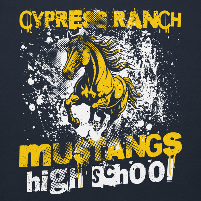 Close-up view of Cypress Ranch High School Mustangs Navy Premium Unisex Hoodie 205