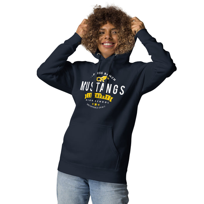 Woman wearing Cypress Ranch High School Mustangs Navy Premium Unisex Hoodie 044