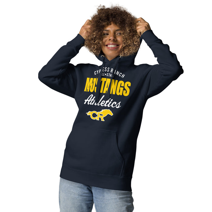 Woman wearing Cypress Ranch High School Mustangs Navy Premium Unisex Hoodie 034