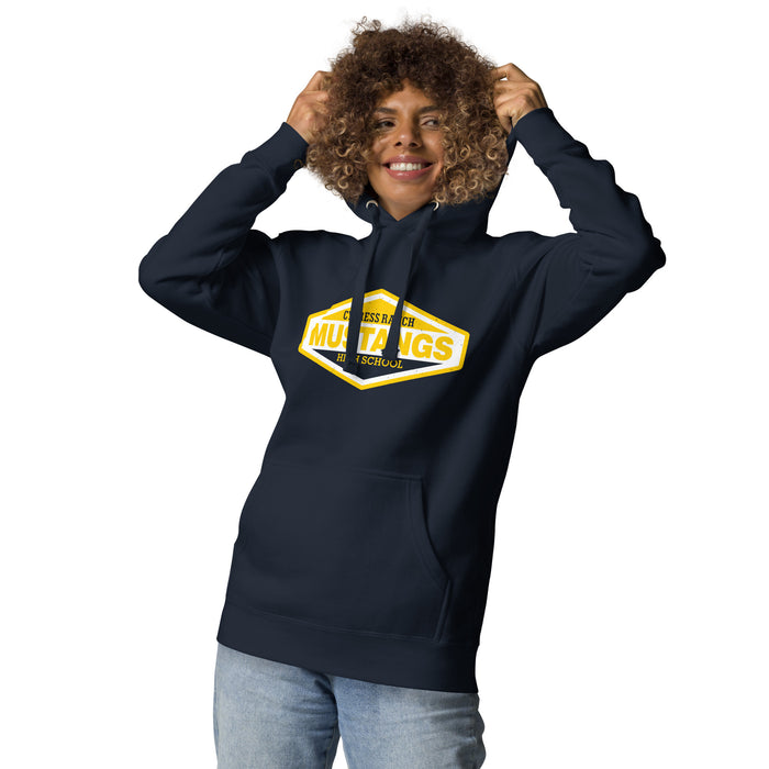 Woman wearing Cypress Ranch High School Mustangs Navy Premium Unisex Hoodie 009