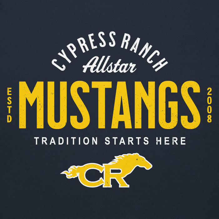 Close-up view of Cypress Ranch High School Mustangs Navy Premium Unisex Hoodie 040