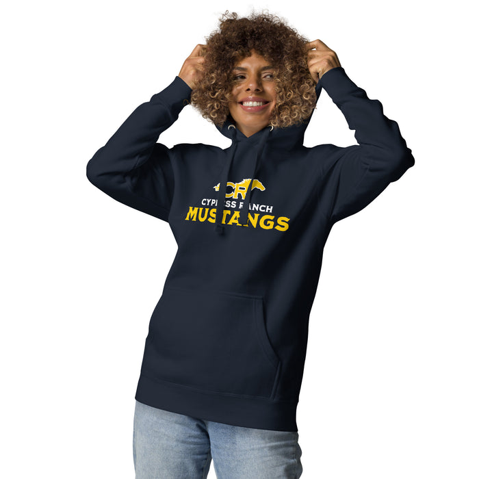 Woman wearing Cypress Ranch High School Mustangs Navy Premium Unisex Hoodie 233